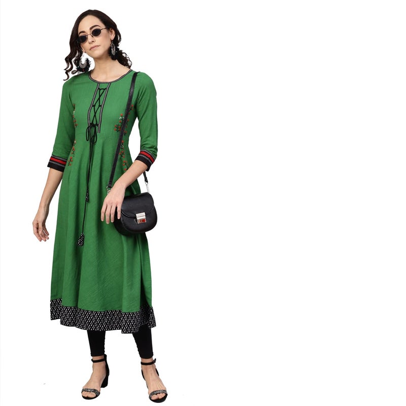Yash Gallery Women's Cotton Slub Embroidered 3/4 Sleeve Round Neck Anarkali Kurtis (Medium, Green) - Image 2